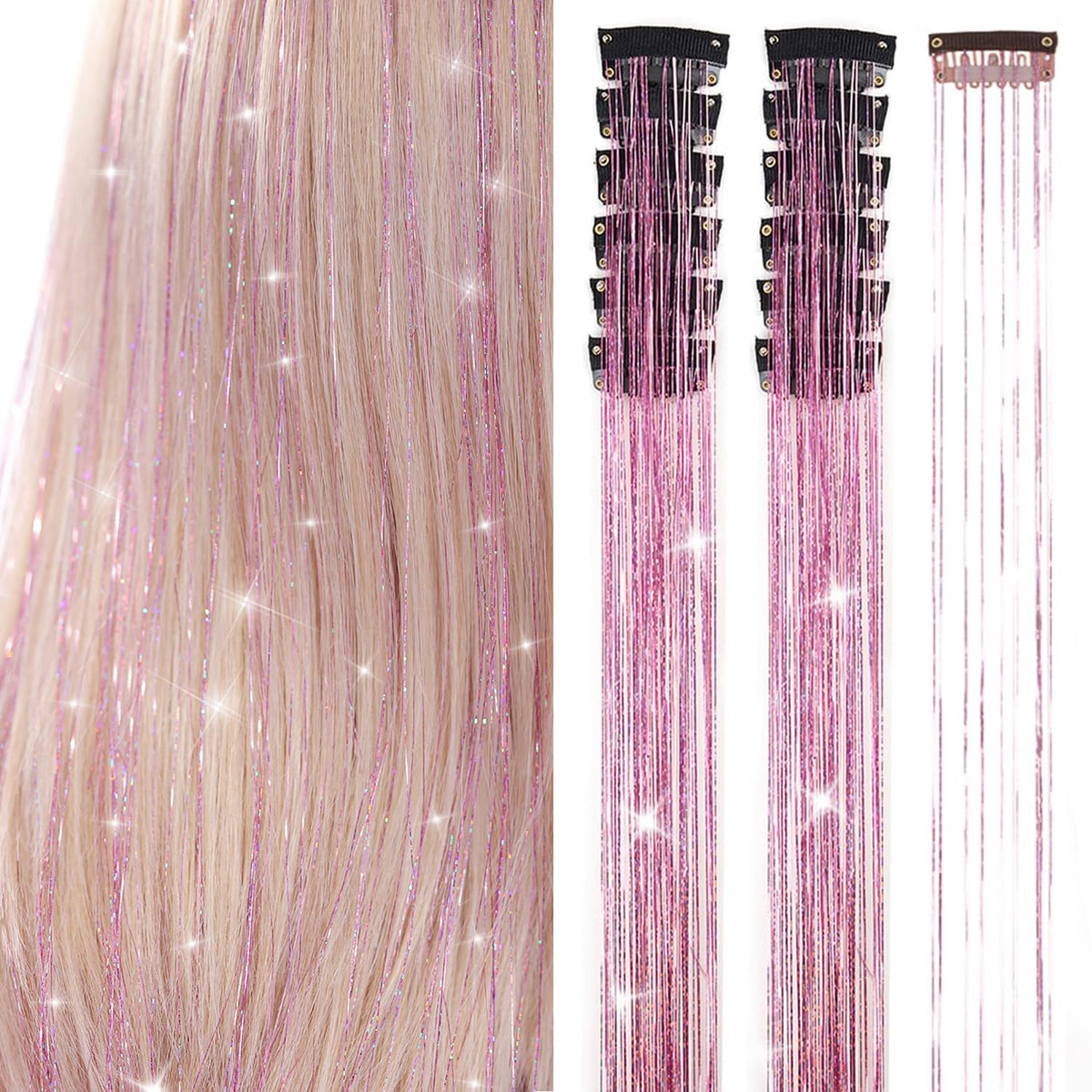 Close-up of Ubeleco Pink Hair Tinsel Clip-in Extensions