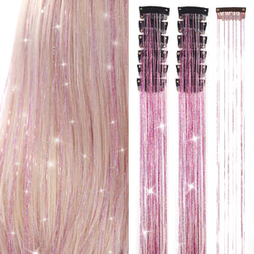 Close-up of Ubeleco Pink Hair Tinsel Clip-in Extensions