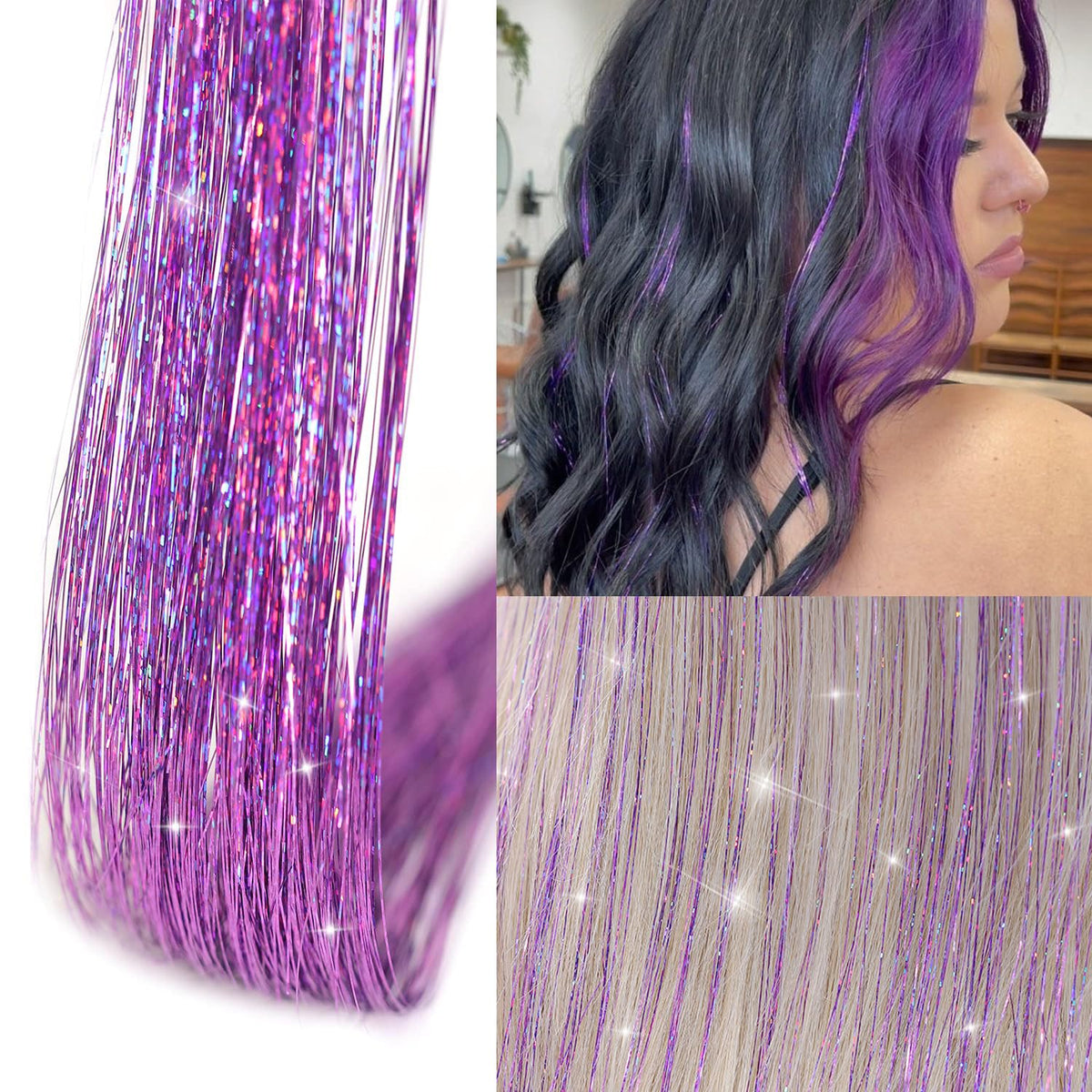 Close-up of Ubeleco purple hair tinsel clip-in strands