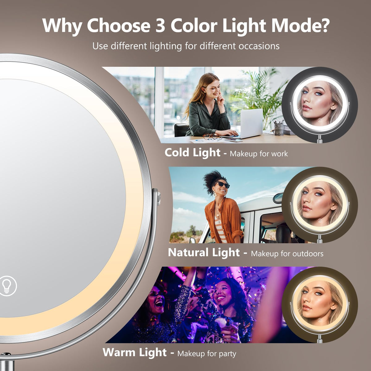 Close-up of UBYMET makeup mirror showing 3 colour light modes