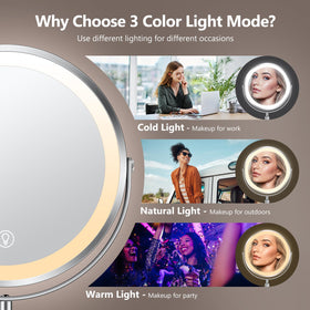 Close-up of UBYMET makeup mirror showing 3 colour light modes