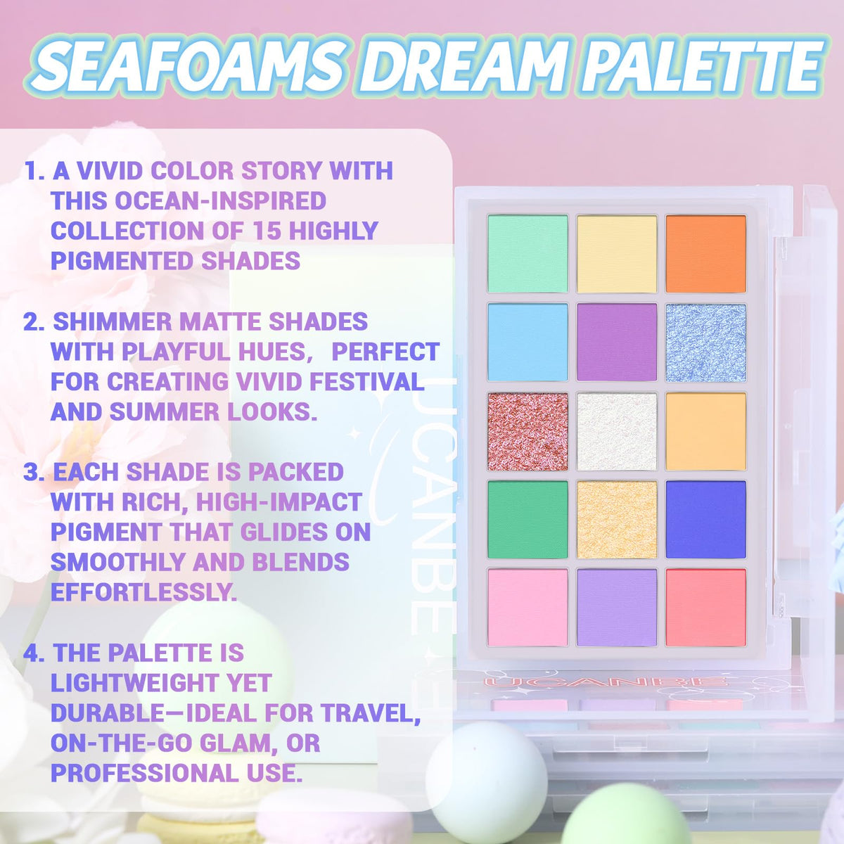Close-up of UCANBE Colorful Eyeshadow Palette shimmering shades