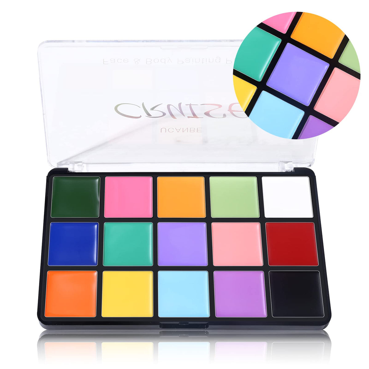 Close-up of UCANBE face paint palette with vibrant colours