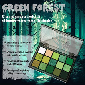Close-up of UCANBE Green Eyeshadow Palette showing matte and shimmer textures