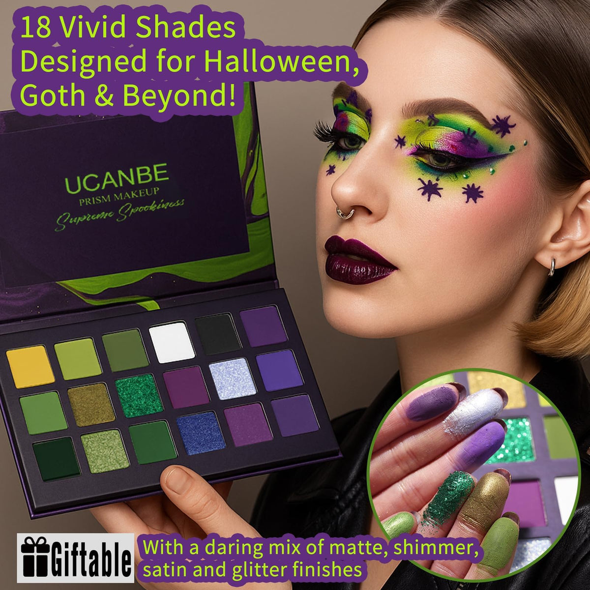 Close-up of UCANBE Green Purple Goth Eyeshadow shades
