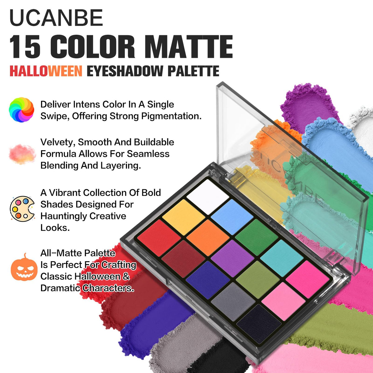 Close-up of UCANBE Halloween Makeup Palette vibrant matte colours