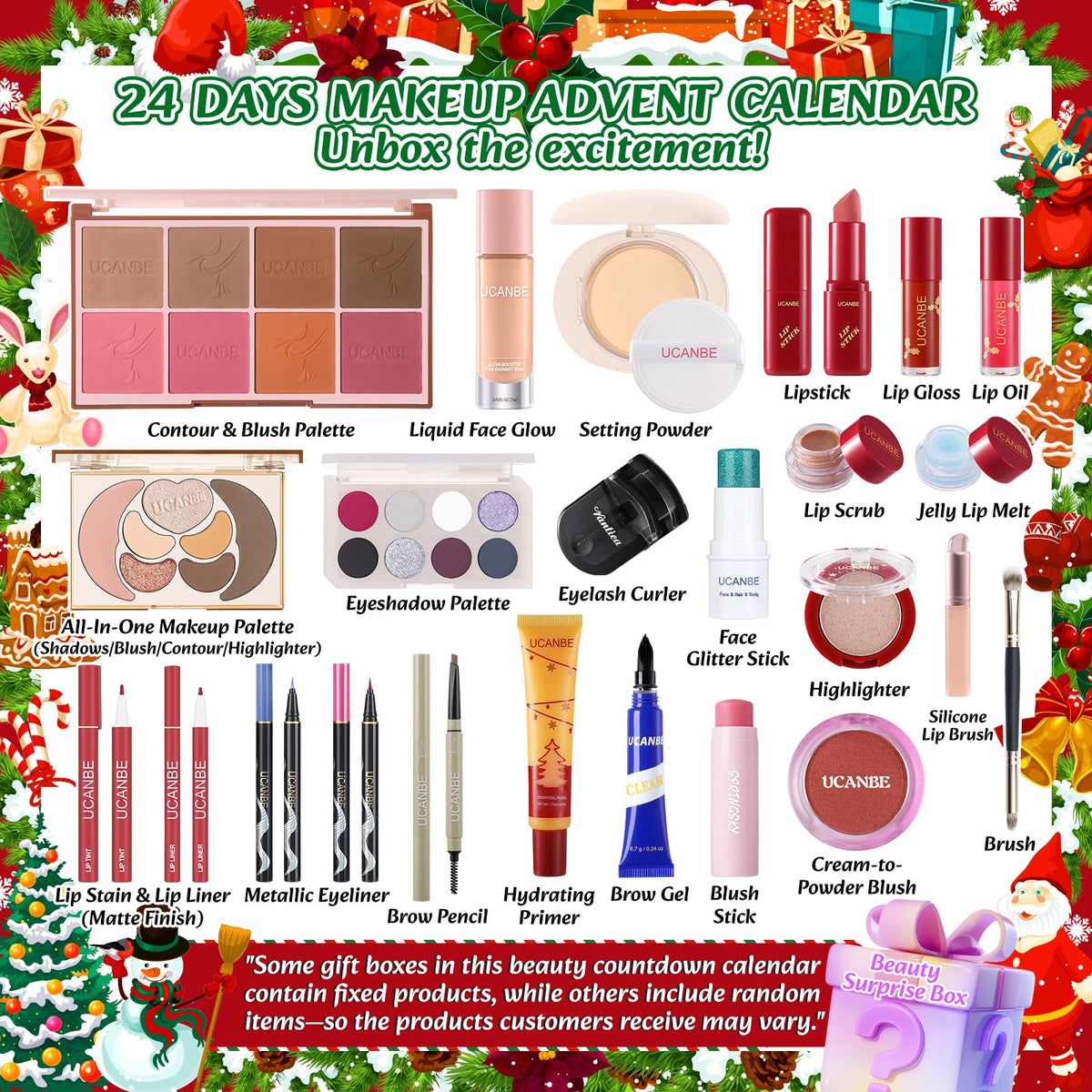 Close-up of UCANBE makeup products inside the advent calendar