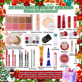 Close-up of UCANBE makeup products inside the advent calendar