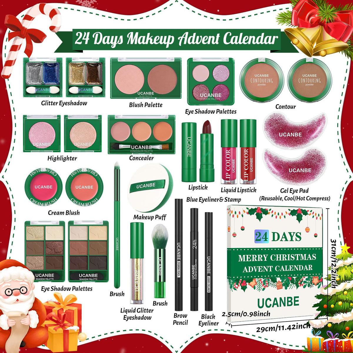 Close-up of UCANBE makeup products inside the advent calendar