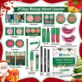 Close-up of UCANBE makeup products inside the advent calendar