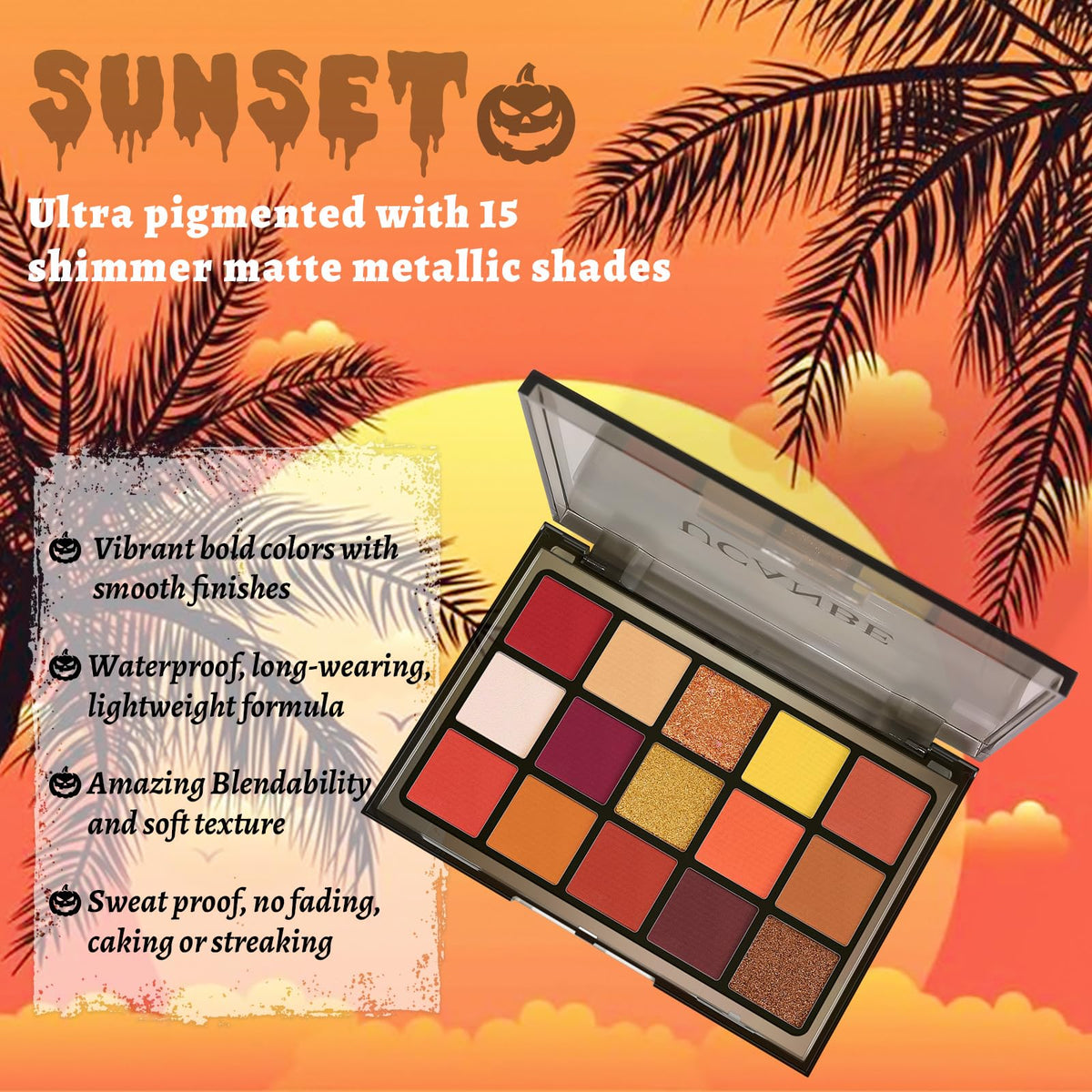 Close-up of UCANBE Orange Eyeshadow Palette showing shimmer and matte finishes