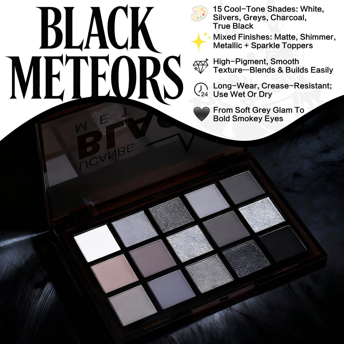 Close-up of UCANBE Smokey Black Eyeshadow Palette shades