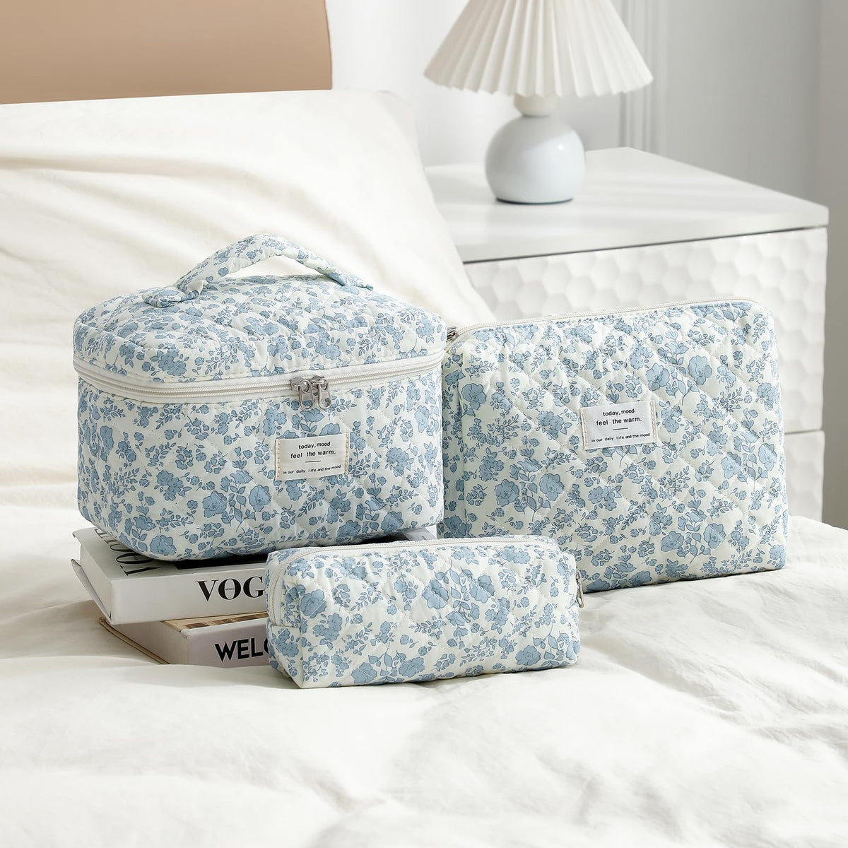 close-up of uekeboag floral pattern on quilted makeup bag