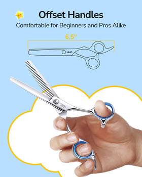 Close-up of ULG ergonomic handles on hair cutting scissors