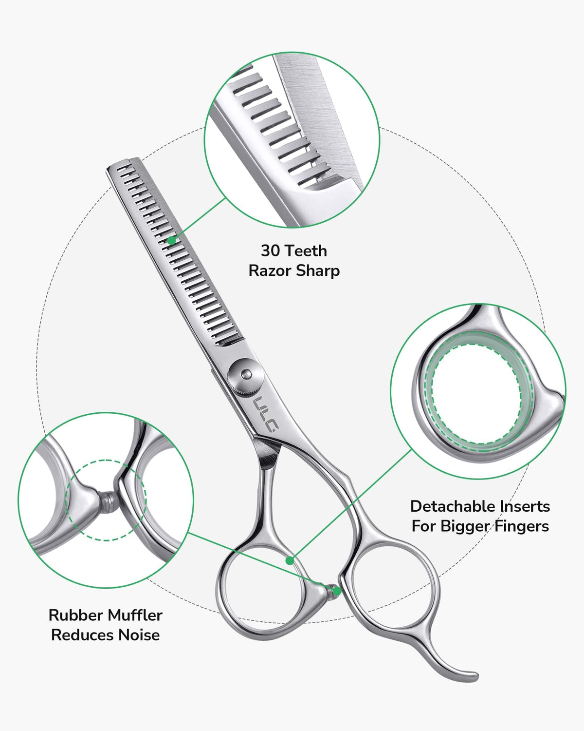 Close-up of ULG Hair Thinning Scissors showing blue sapphire detail