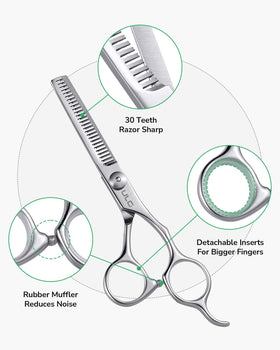 Close-up of ULG Hair Thinning Scissors showing blue sapphire detail