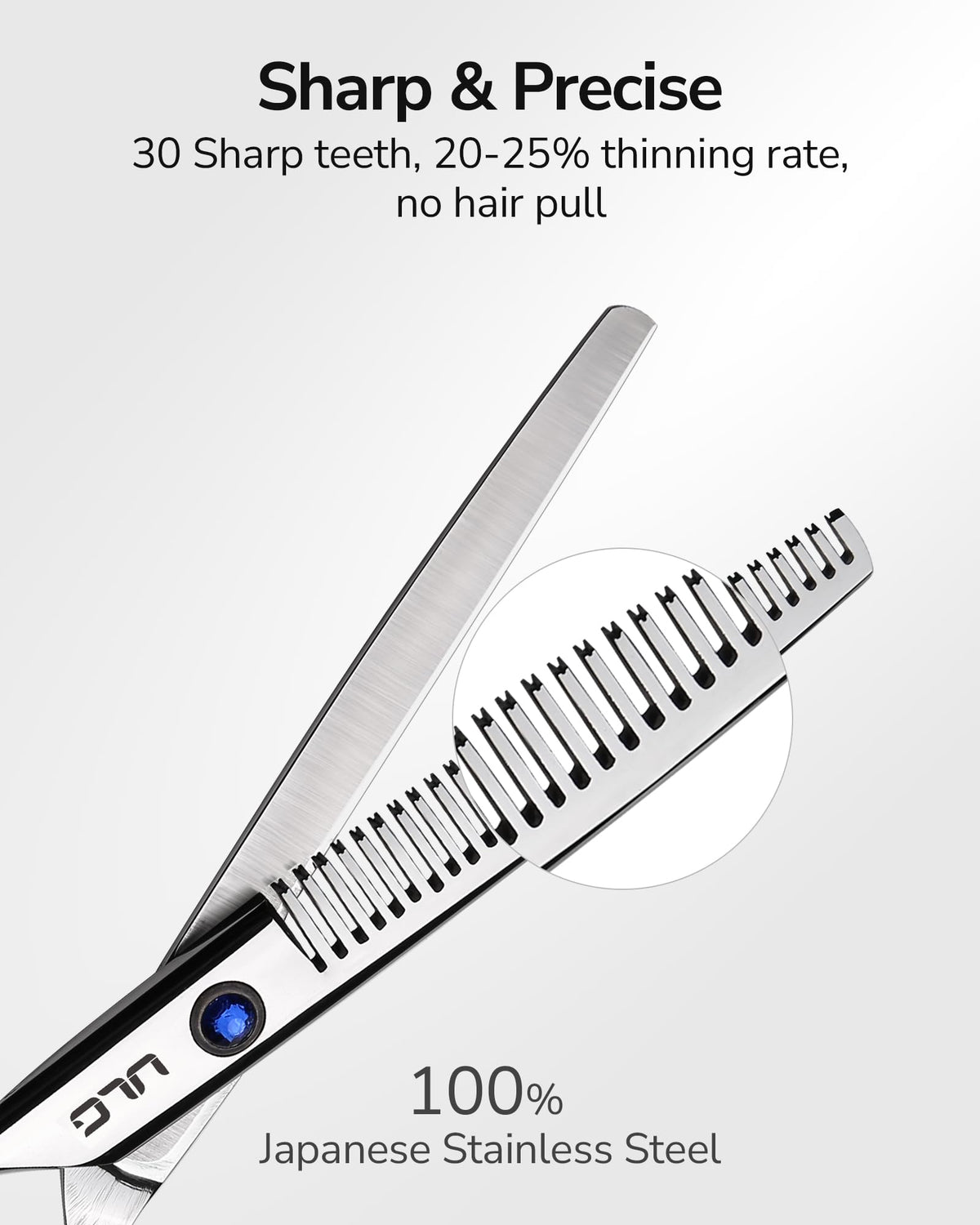 Close-up of ULG Left-Handed Hair Thinning Scissors with blue sapphire