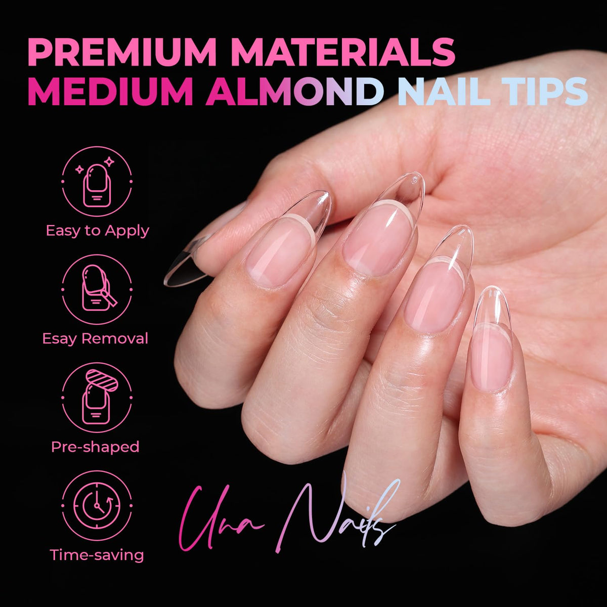 Close-up of UNA GELLA Almond Nail Tips with frosted underside