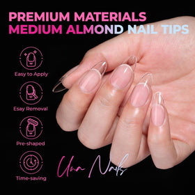 Close-up of UNA GELLA Almond Nail Tips with frosted underside