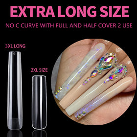 Close-up of UNA GELLA Extra Long Square Gel Nail Tips showing various sizes
