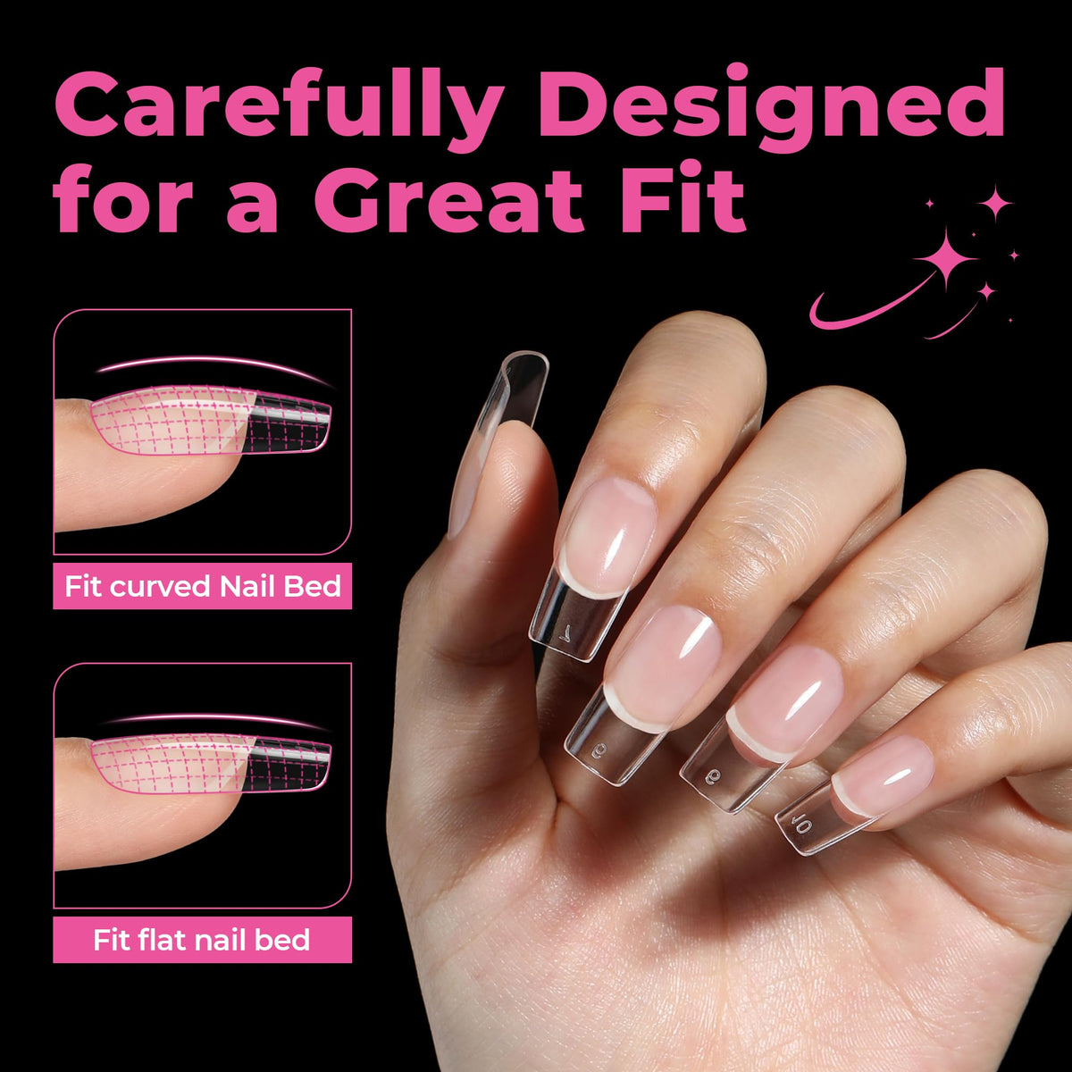 Close-up of UNA GELLA Medium Square Gel Nail Tips showing size numbers