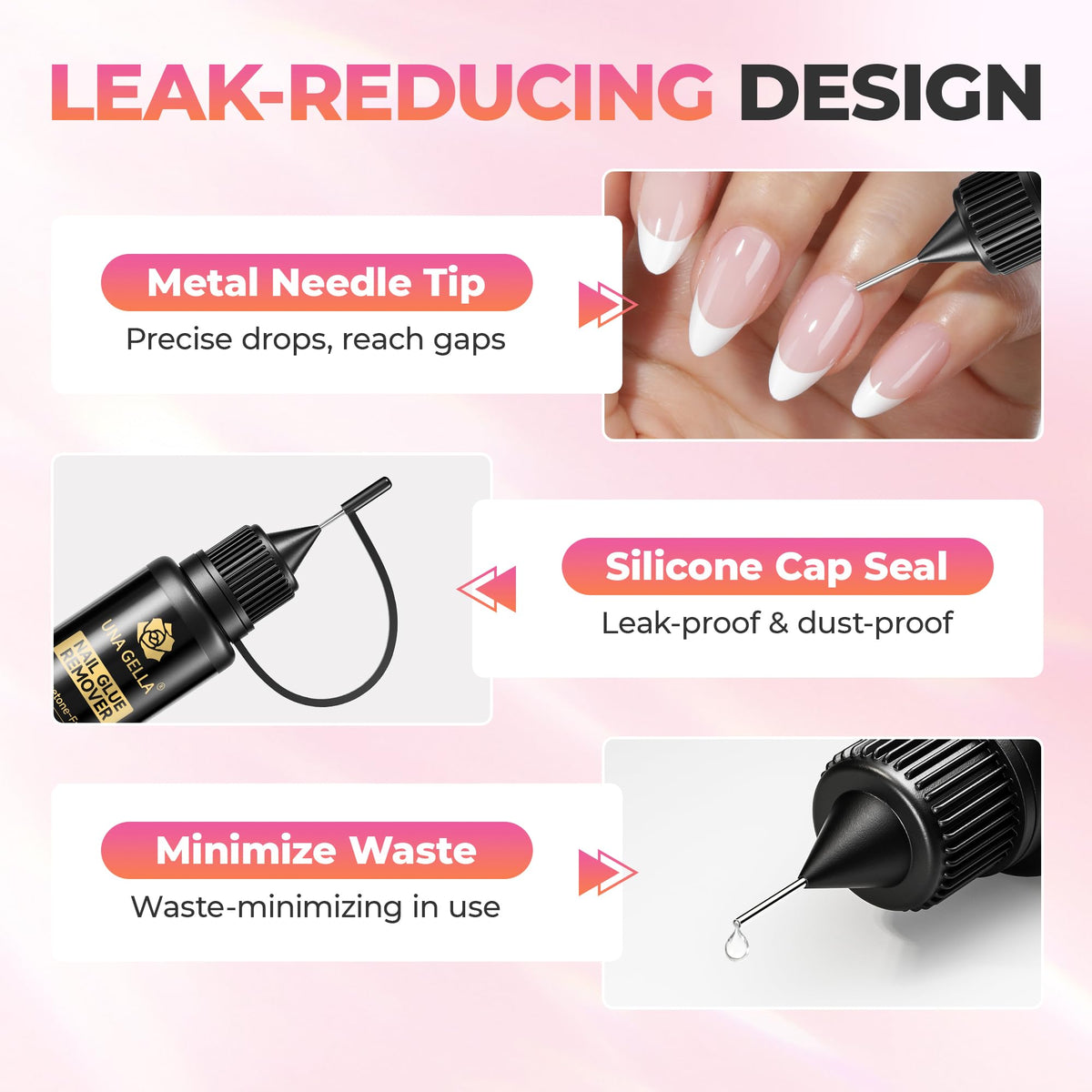 Close-up of UNA GELLA Nail Glue Remover bottle and crystal stick