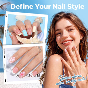 Close-up of UNA GELLA Short Square Gel Nail Tips showing various sizes