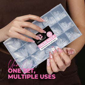 Close-up of UNA GELLA Soft Gel Medium Coffin Nails Tips showing sizes
