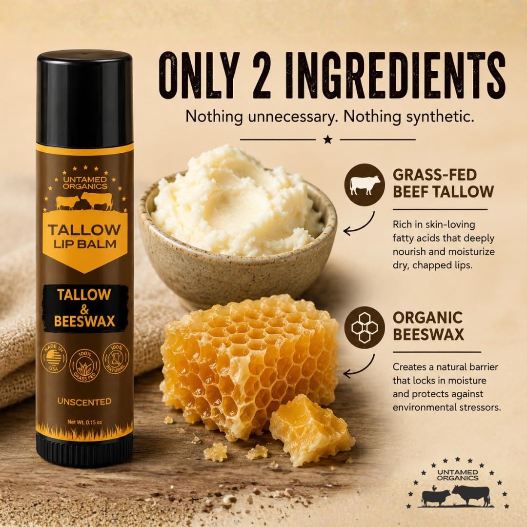 Close-up of Untamed Organics Pure Tallow Lip Balm ingredients