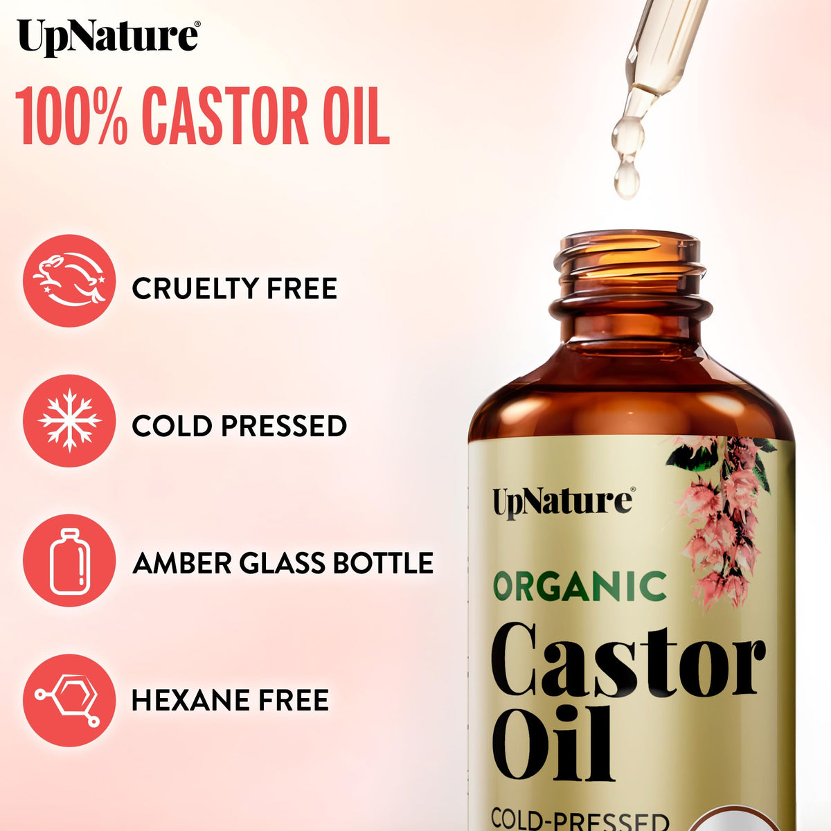 Close-up of UpNature Castor Oil bottle and wand
