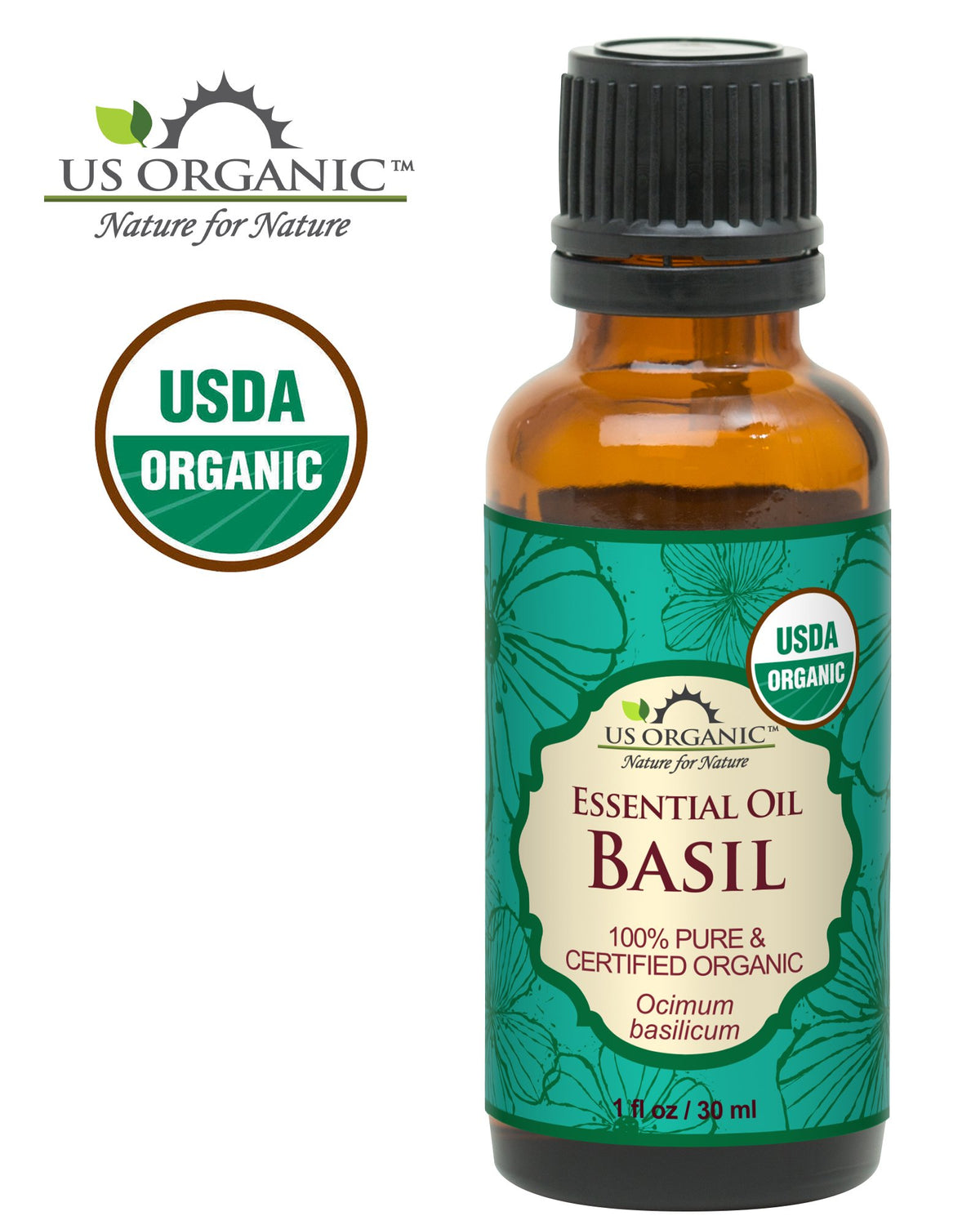 Close-up of US Organic Basil Essential Oil bottle