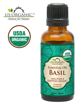 Close-up of US Organic Basil Essential Oil bottle