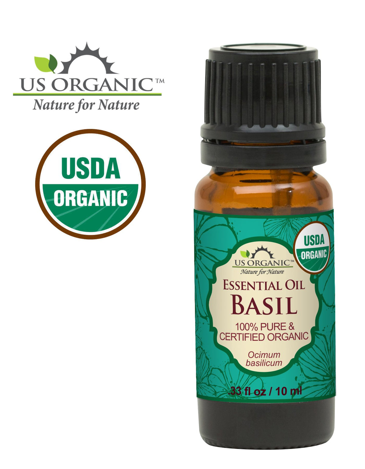 Close-up of US Organic Basil Essential Oil label