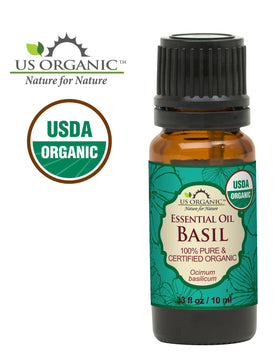 Close-up of US Organic Basil Essential Oil label
