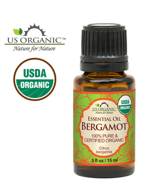 Close-up of US Organic Bergamot Essential Oil label