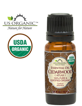 Close-up of US Organic Cedarwood Essential Oil bottle
