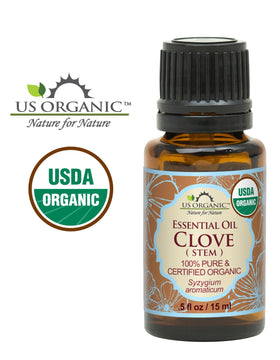 Close-up of US Organic Clove Stem Essential Oil bottle label