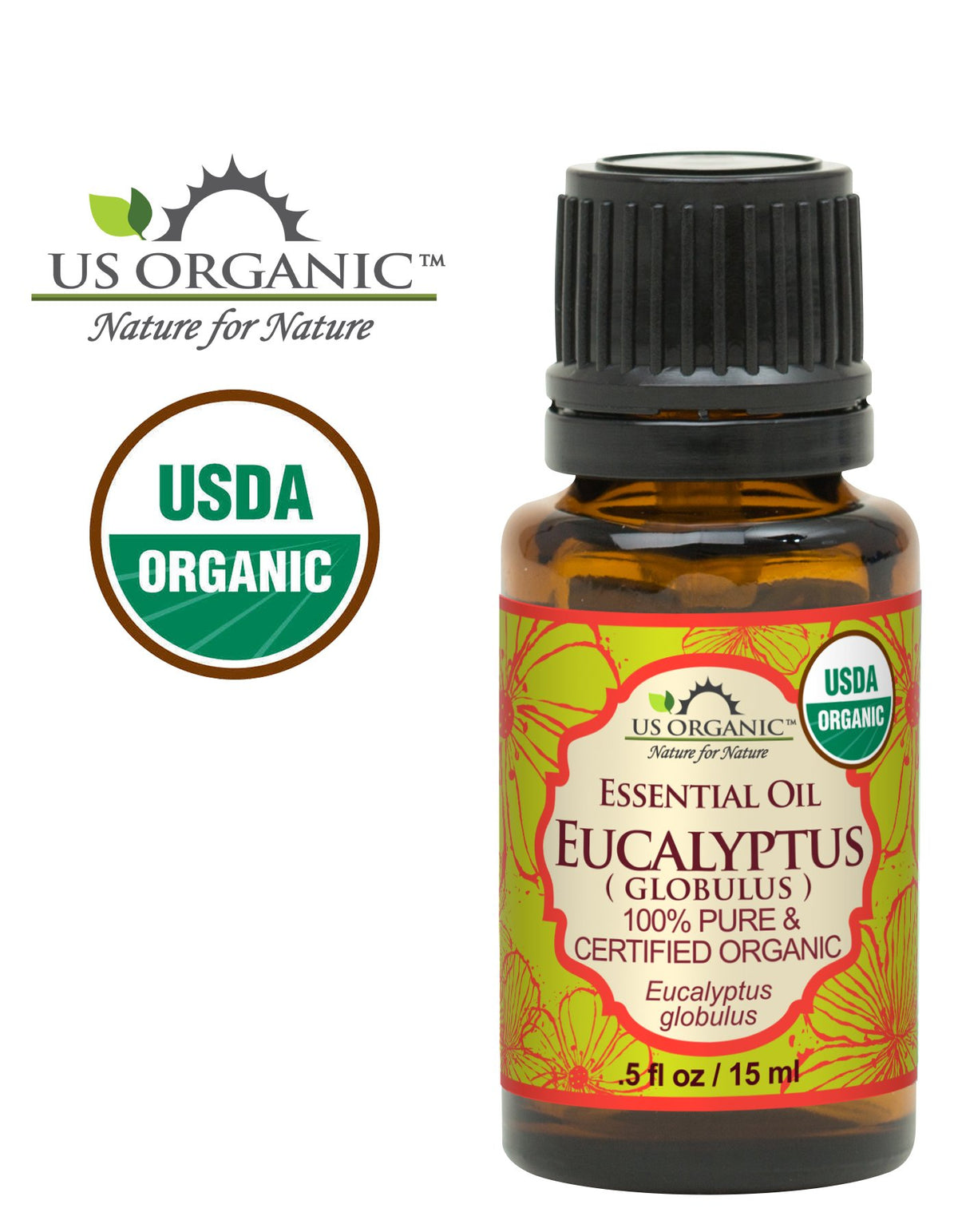 Close-up of US Organic Eucalyptus Essential Oil bottle label