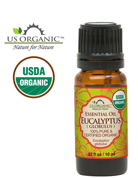 Close-up of US Organic Eucalyptus Essential Oil label
