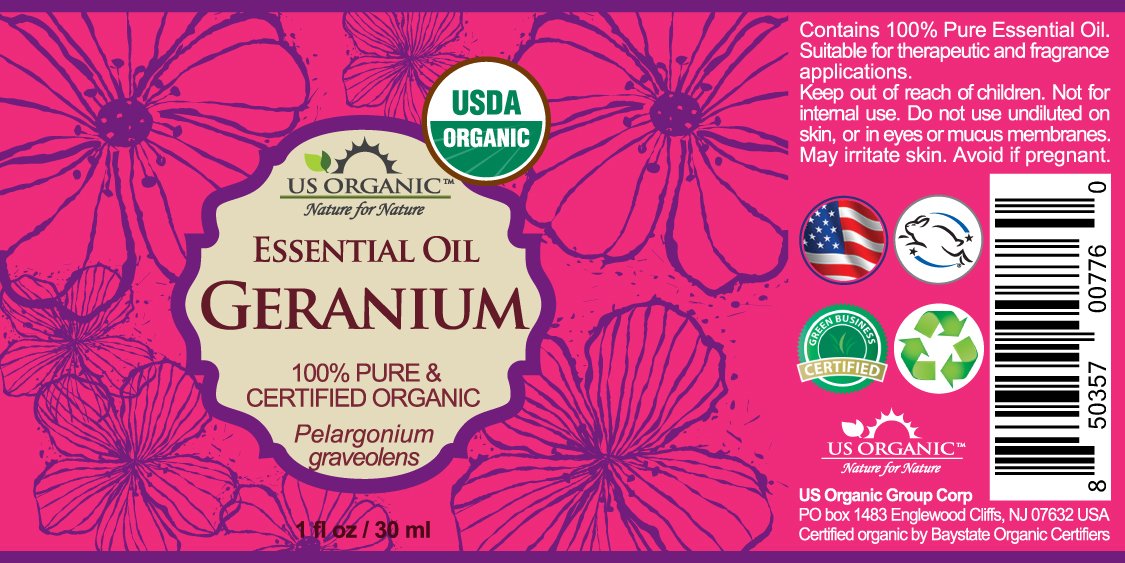 Close-up of US Organic Geranium Essential Oil bottle