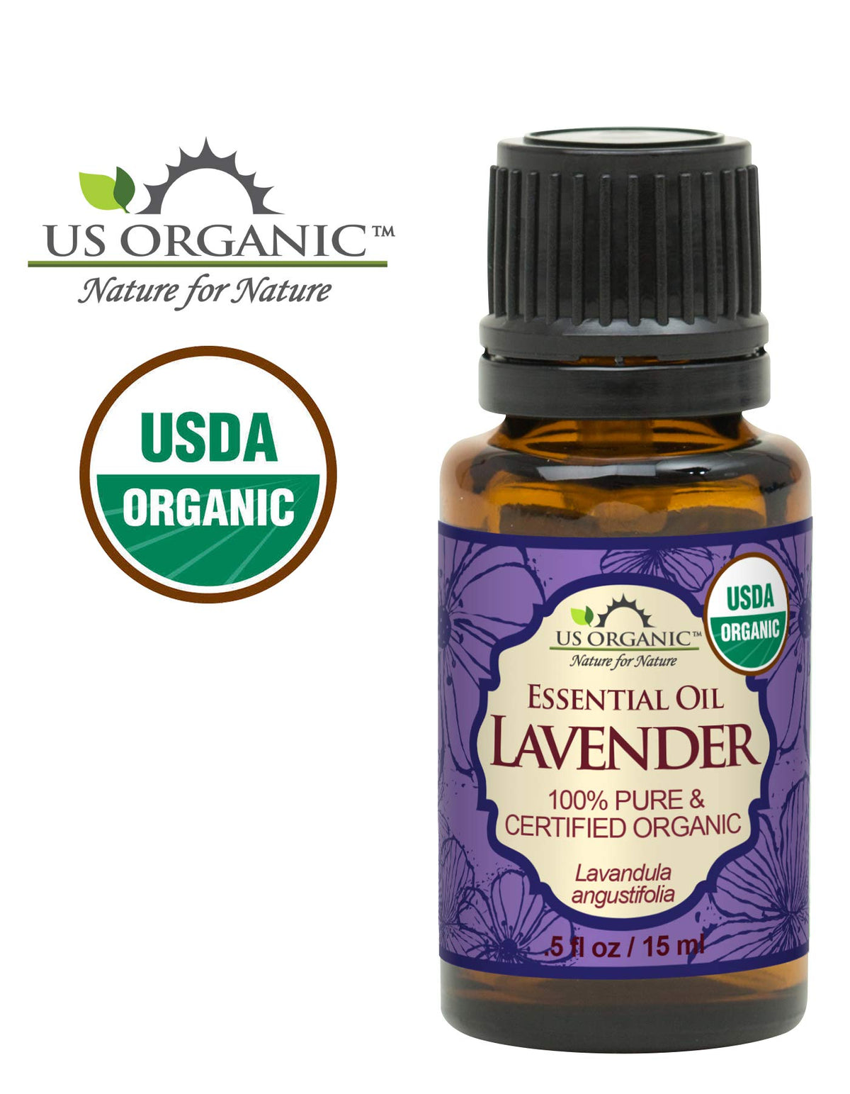 Close-up of US Organic Lavender Essential Oil bottle