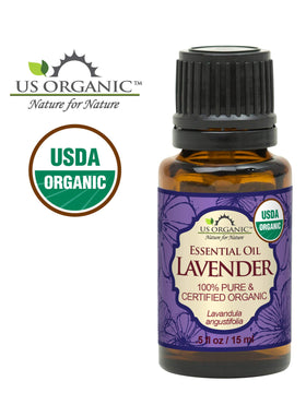 Close-up of US Organic Lavender Essential Oil bottle