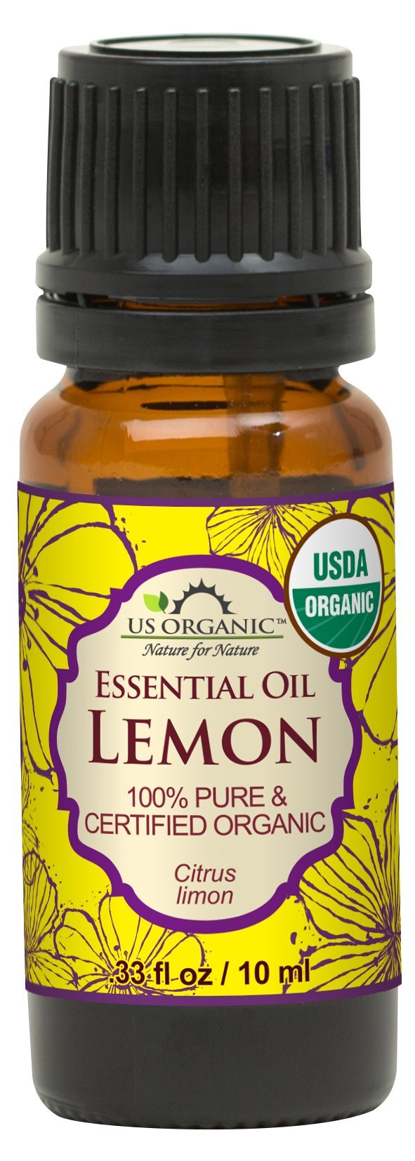 Close-up of US Organic Lemon Essential Oil bottle label