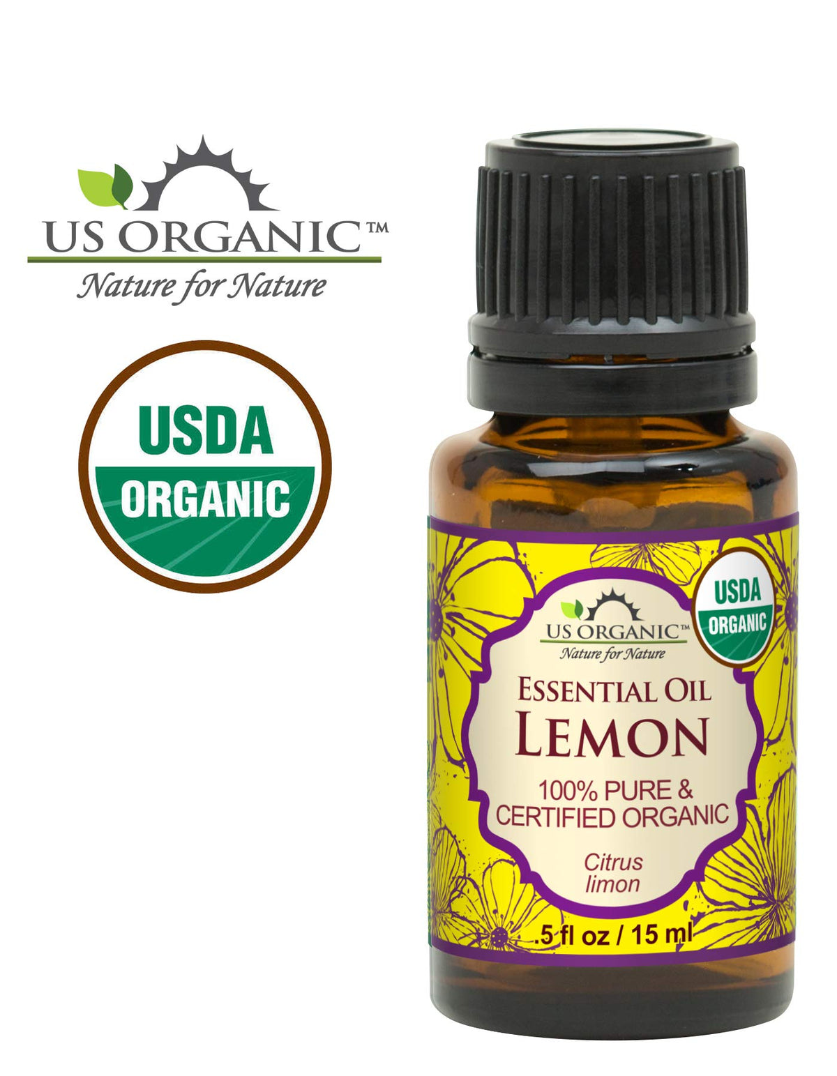 Close-up of US Organic Lemon Essential Oil label