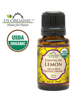 Close-up of US Organic Lemon Essential Oil label