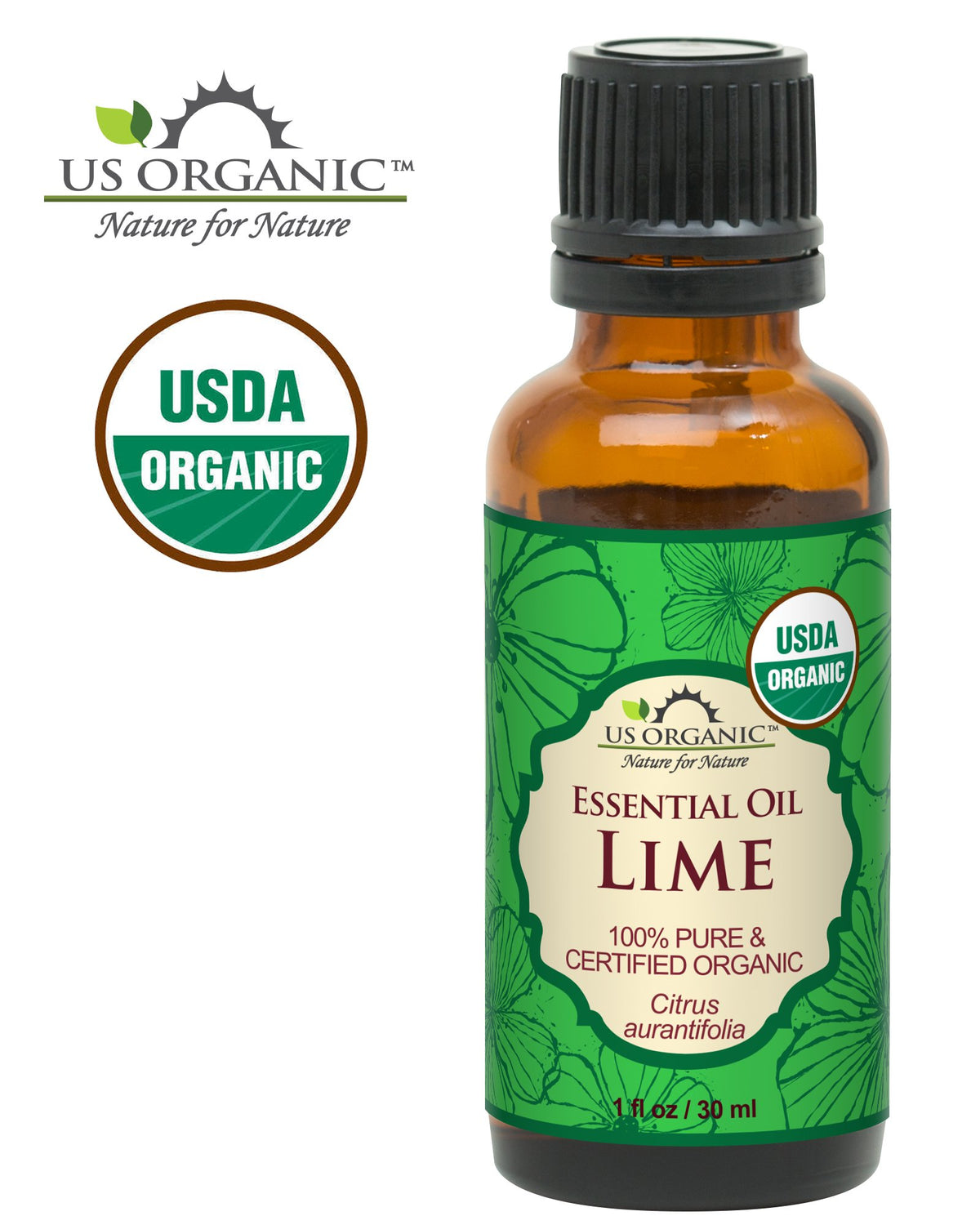 Close-up of US Organic Lime Essential Oil bottle and dropper