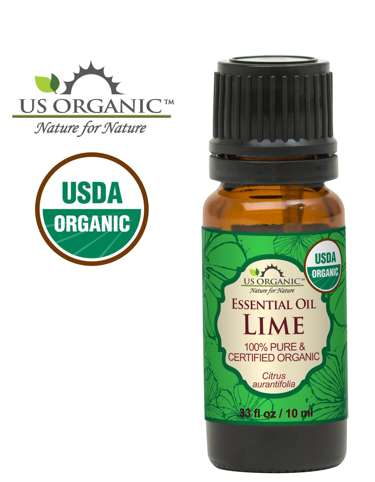 Close-up of US Organic Lime Essential Oil label