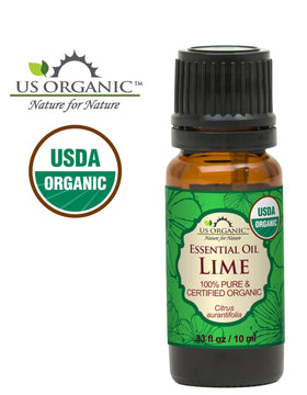 Close-up of US Organic Lime Essential Oil label