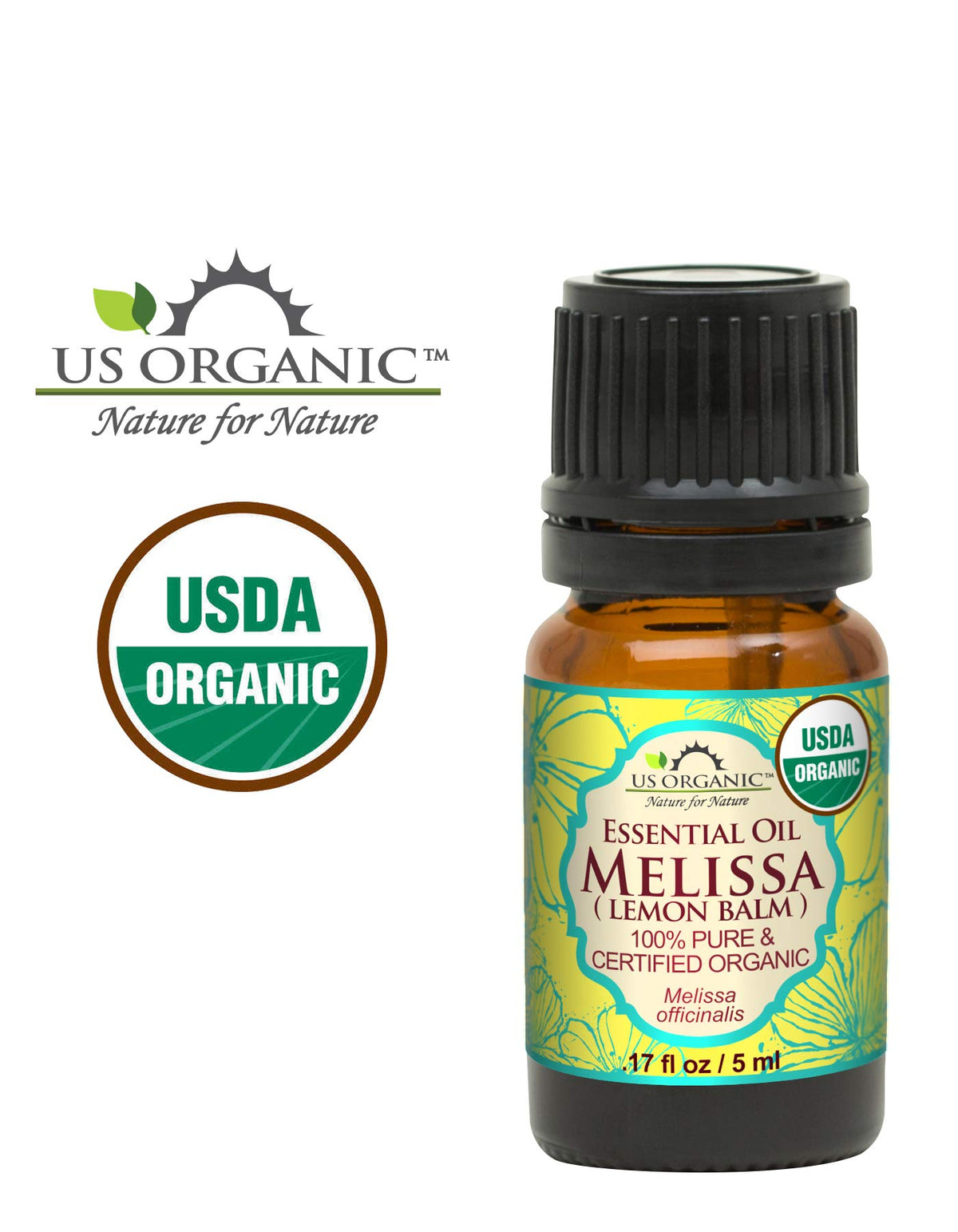 Close-up of US Organic Melissa Essential Oil label