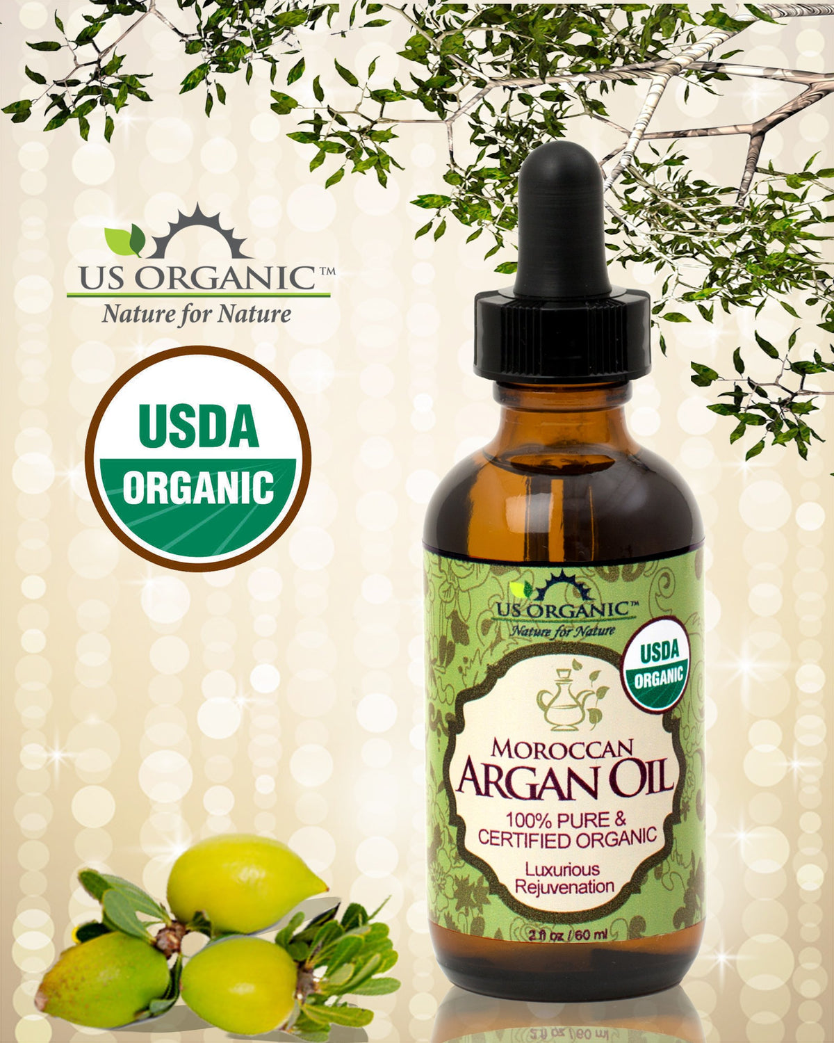 Close-up of US Organic Moroccan Argan Oil bottle and dropper